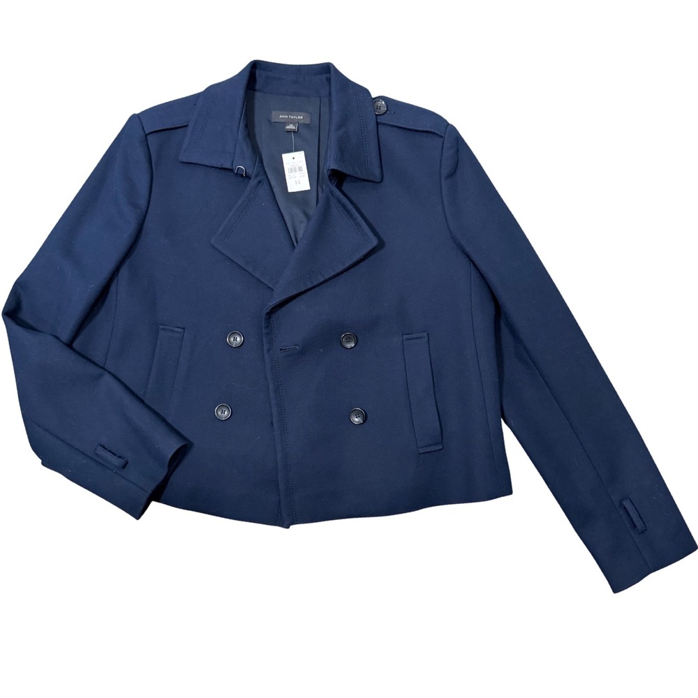 Ann Taylor Navy Cropped Peacoat Blazer Jacket NWT 14 Double Breasted Heavy Lined